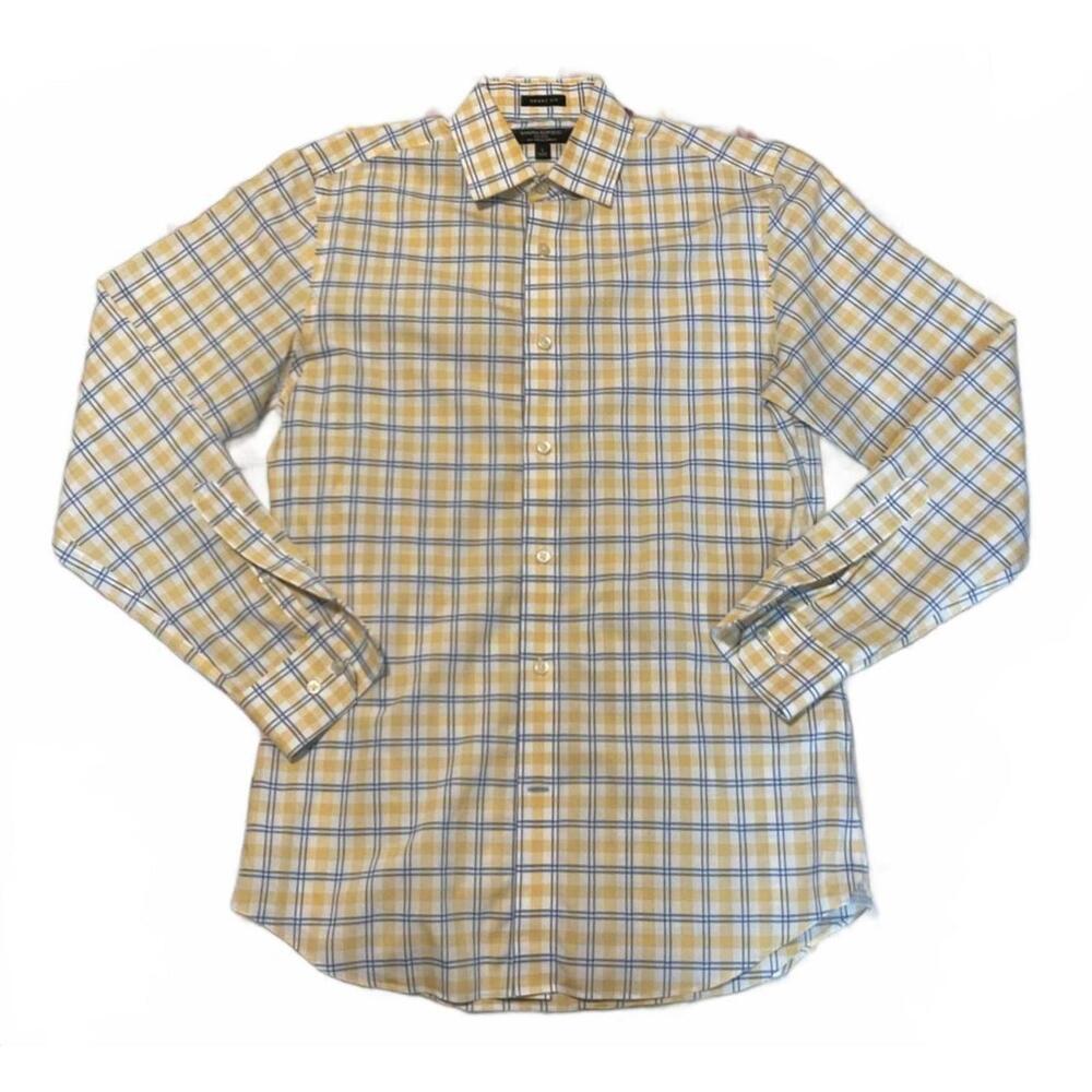 Banana Republic Men's Long Sleeve Small Button-Up Yellow Blue Plaid Grant Fit